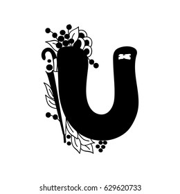Letter U.Vector illustration, black and white, hand-drawn