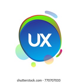 Letter UX logo with colorful splash background, letter combination logo design for creative industry, web, business and company.
