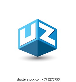 Letter UZ logo in hexagon shape and blue background, cube logo with letter design for company identity.
