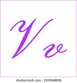 Letter V with 2 color pattern of electric blue and magenta. A vector font of uppercase and lowercase alphabet.