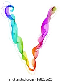 The letter V. Abstract colorful letter of beautiful smoke waves over white, Vector
