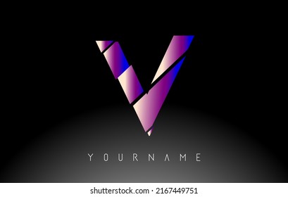 Letter V with abstract sliced effect logo design. Creative vector illustration with vibrant blue and pink gradient color.