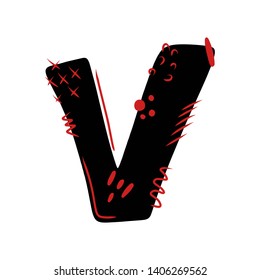 Letter V - abstract vector black font with red dots, stripes, lines, spots. Abc, alphabet isolated on white background. Perfect illustration for your design - print, poster, card, logo, label