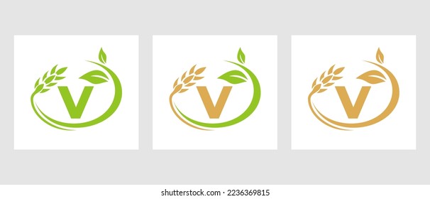 Letter V Agriculture Logo. Agribusiness, Eco-farm Design Template