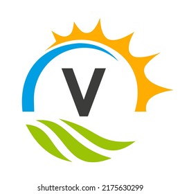 Letter V Agriculture Logo Vector Template. Agriculture Logo Concept with Green Field and Bright Sun Element