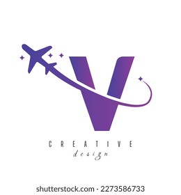 Letter V With Air Travel Logo Design Template