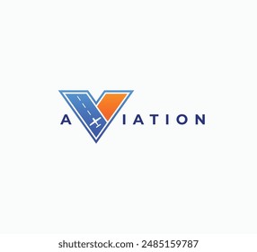 Buchstabe V mit Flugzeug und Landebahn, Luftfahrt-Logo-Design-Konzept. Modernes V-Monogramm-Transportlogo.