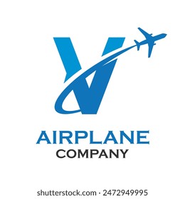 Letter v with airplane logo template illustration. suitable for transportation, brand, travel, agency, web, label, network, marketing etc