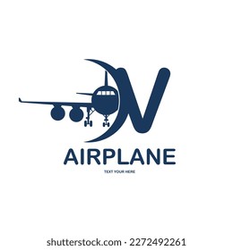 Letter V with airplane vector logo template. Fonts for event, promo, logo, banner, monogram and poster. Alphabet label symbol for branding and identity