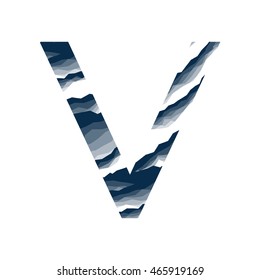 The letter V, in the alphabet abstract background marble, bark, mountain, stone layer  set dark blue shade color isolated on white background