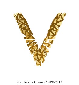The letter V, in the alphabet broken 3d perspective set gold color isolated on white background