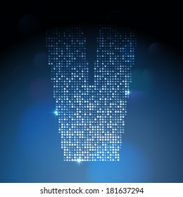 Letra "V" del alfabeto de las secuencias brillantes (concepto de fuente brillante).Ilustración navideña vectorial de los personajes brillantes de las estrellas.