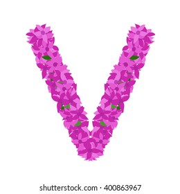 Letter V. Alphabet  letterhead V. Lilac flower letter V in violet colour. 