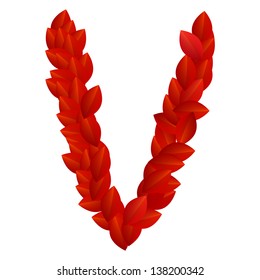 Letter V of alphabet made from red petals