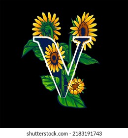 Letter V in Alphabet With Summer Themed Sunflower Illustration