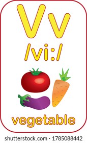 Letter V. Alphabet tutorial cards collection. Vector illustration. Children alphabet flash card. Kids abc education. Learning English vocabulary. 