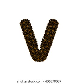 Letter V. Alphabetical V. Floral letter V in yellow and black colour. 
