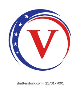 Letter V America Logo USA Flag. Patriotic American Logo Design On Letter V Template 