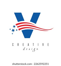 Letter V American Logo for Business, Corporate and Company Sign. USA American Logo on Letter V Vector Template