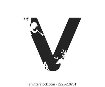 letter v and angel  deer   christmas tree  element for Christmas   New Year text design  isolated vector image in simple style