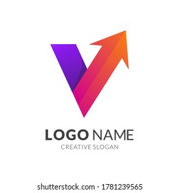 letter v and arrow logo template, modern 3d logo style in gradient purple and orange color