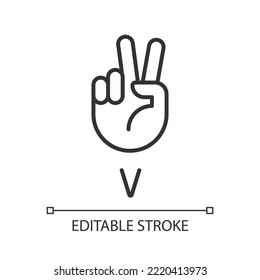 Letter V in ASL system pixel perfect linear icon. Sound visualization by gestures. Communication. Thin line illustration. Contour symbol. Vector outline drawing. Editable stroke. Arial font used