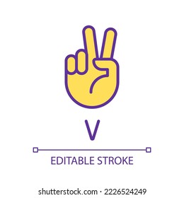 Letter V in ASL system pixel perfect RGB color icon. Sound visualization by gestures. Communication. Isolated vector illustration. Simple filled line drawing. Editable stroke. Arial font used