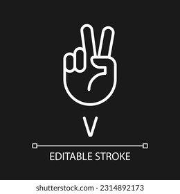 Letter V in ASL system pixel perfect white linear icon for dark theme. Sound visualization by gestures. Thin line illustration. Isolated symbol for night mode. Editable stroke. Arial font used
