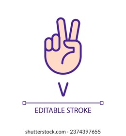 Letra V en el icono de color RGB perfecto para píxel del sistema ASL. Visualización del sonido por gestos. Comunicación. Ilustración vectorial aislada. Dibujo de línea simple relleno. Trazo editable. Tipo de letra arial utilizado