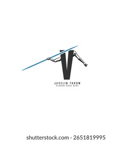 Letra V Logo do atleta. Ícone de design de lançamento de dardo do alfabeto V