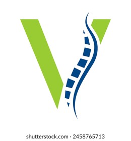 Letter V Backbone Logo Concept For Healthcare Symbol. Back Pain Sign