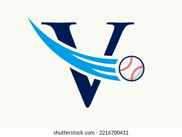 Letter V Baseball Logo Concept With Moving Baseball Icon Vector Template