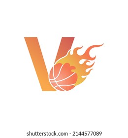 Letter V with basketball ball on fire illustration vector