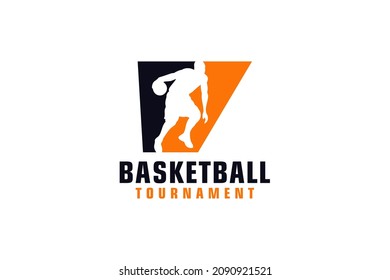 Letter V with Basketball Logo Design. Vector Design Template Elements for Sport Team or Corporate.