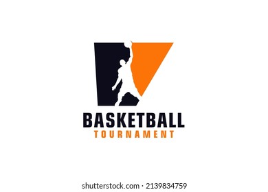 Letter V with Basketball Logo Design. Vector Design Template Elements for Sport Team or Corporate.