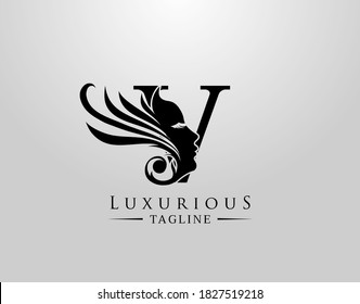 Letter V with Beauty Face. Luxury Logo. Alphabetical Symbol for wedding, greeting cards, invitations, salon, spa, template design.