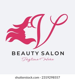 Letter V Beauty Salon Logo Design, Beautiful Woman Face Hair Care Icon