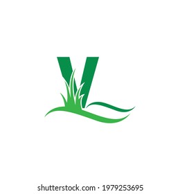 Letter V behind a green grass icon logo design vector template