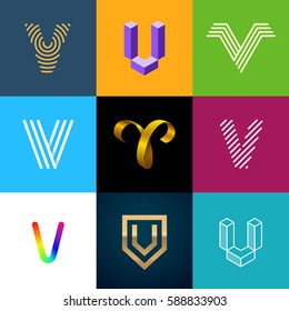 Letter "V" big logo pack. Isometric, minimal, line, colorful, ribbon, geometric, luxury vector monograms. Eps10 format.