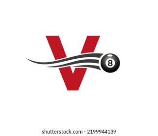 Letter V Billiards or Pool Game Logo Design For Billiard Room or 8 Ball Pool Club Symbol Vector Template