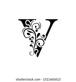 letter V. Black flower alphabet.  Beautiful capital letters.