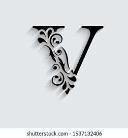 letter V. Black flower alphabet.  Beautiful capital letters with shadow