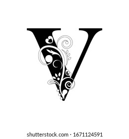 letter V. Black flower alphabet.  Beautiful capital letters