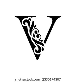 letter V. Black flower alphabet.  Beautiful capital letters.