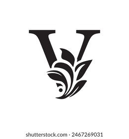 letter V Black flower alphabet. Beautiful capital letters with shadow