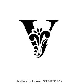 letter V black flower  letters. Vintage ornament initial Alphabet. Logo vector 
