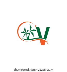 Letter V blends with coconut trees by the beach at night template