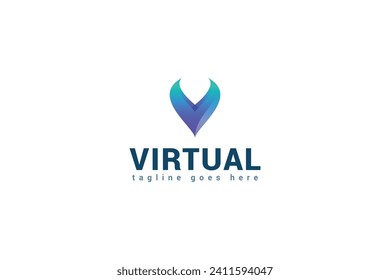 Letter V blue gradient technological 3d virtual security logo