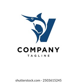 Letter V Blue Marlin Fish Logo Icon Vector