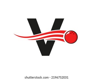 Letter V Bowling Logo. Bowling Ball Symbol With Red Moving Ball Vector Template